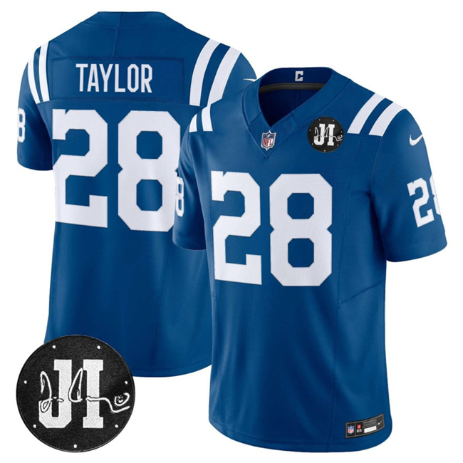 Men's Indianapolis Colts #28 Jonathan Taylor Blue 2025 F.U.S.E. Jim Irsay Patch Vapor Limited Stitched Football Jersey